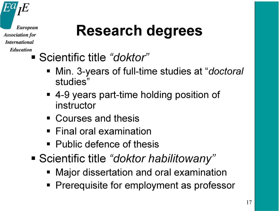 position of instructor Courses and thesis Final oral examination Public defence of