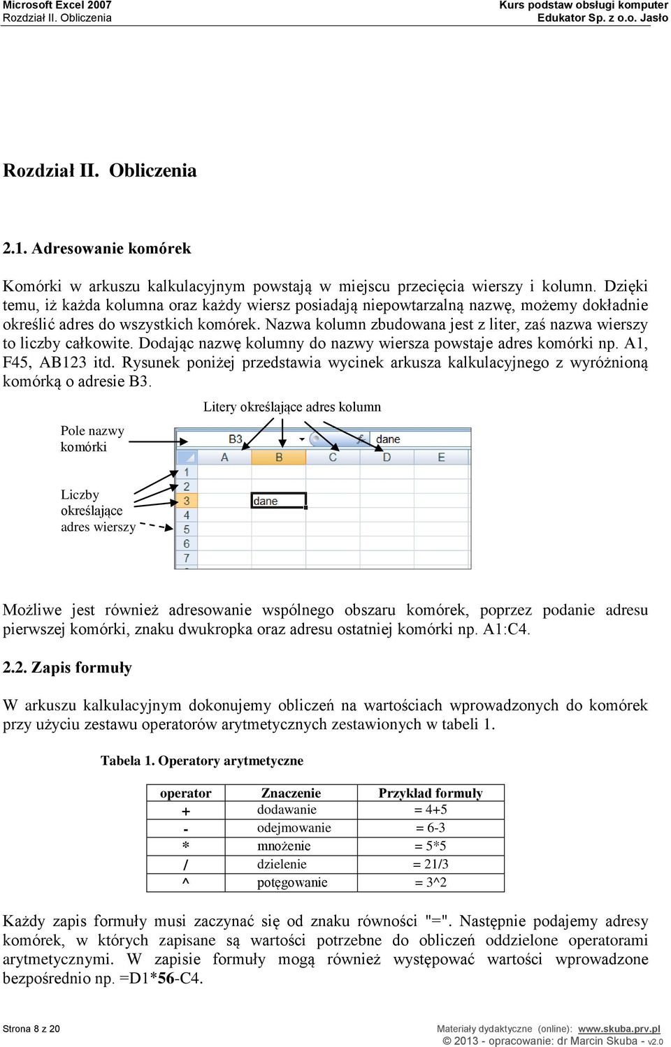 Nazwa kolumn zbudowana jest z liter, zaś nazwa wierszy to liczby całkowite. Dodając nazwę kolumny do nazwy wiersza powstaje adres komórki np. A1, F45, AB123 itd.