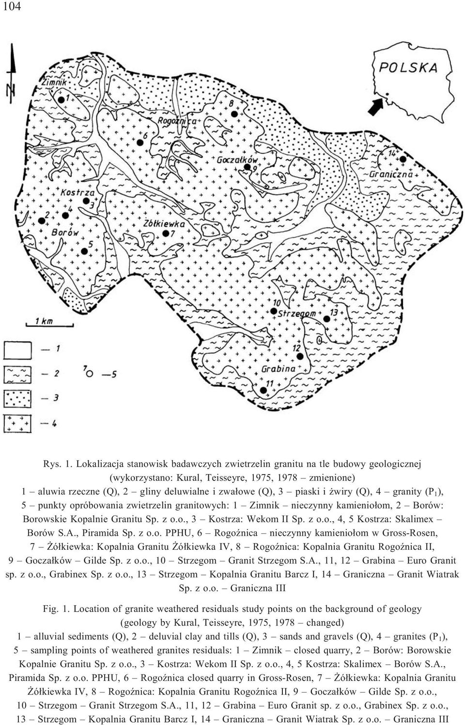 i wiry (Q), 4 granity (P 1 ), 5 punkty opróbowania zwietrzelin granitowych: 1 Zimnik nieczynny kamienio³om, 2 Borów: Borowskie Kopalnie Granitu Sp. z o.o., 3 Kostrza: Wekom II Sp. z o.o., 4, 5 Kostrza: Skalimex Borów S.