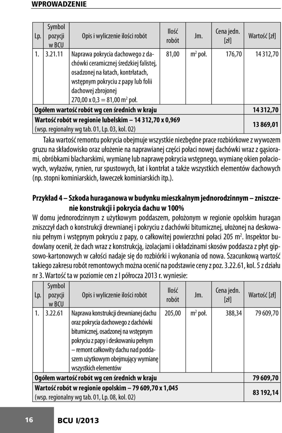 Ilość robót Jm. Cena jedn. [zł] Wartość [zł] 81,00 m 2 poł. 176,70 14 312,70 Ogółem wartość robót wg cen średnich w kraju 14 312,70 Wartość robót w regionie lubelskim 14 312,70 x 0,969 13 869,01 (wsp.