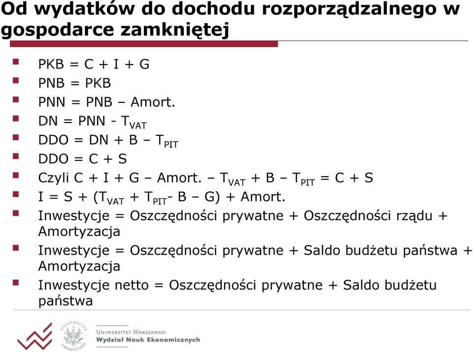 T VAT + B T PIT = C + S I = S + (T VAT + T PIT - B G) + Amort.