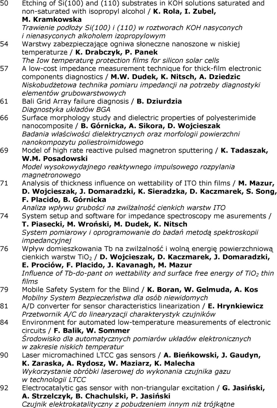 Drabczyk, P. Panek The Iow temperaturę protection films for silicon solar cells 57 A low-cost impedance measurement technique for thick-film electronic components diagnostics / M.W. Dudek, K.