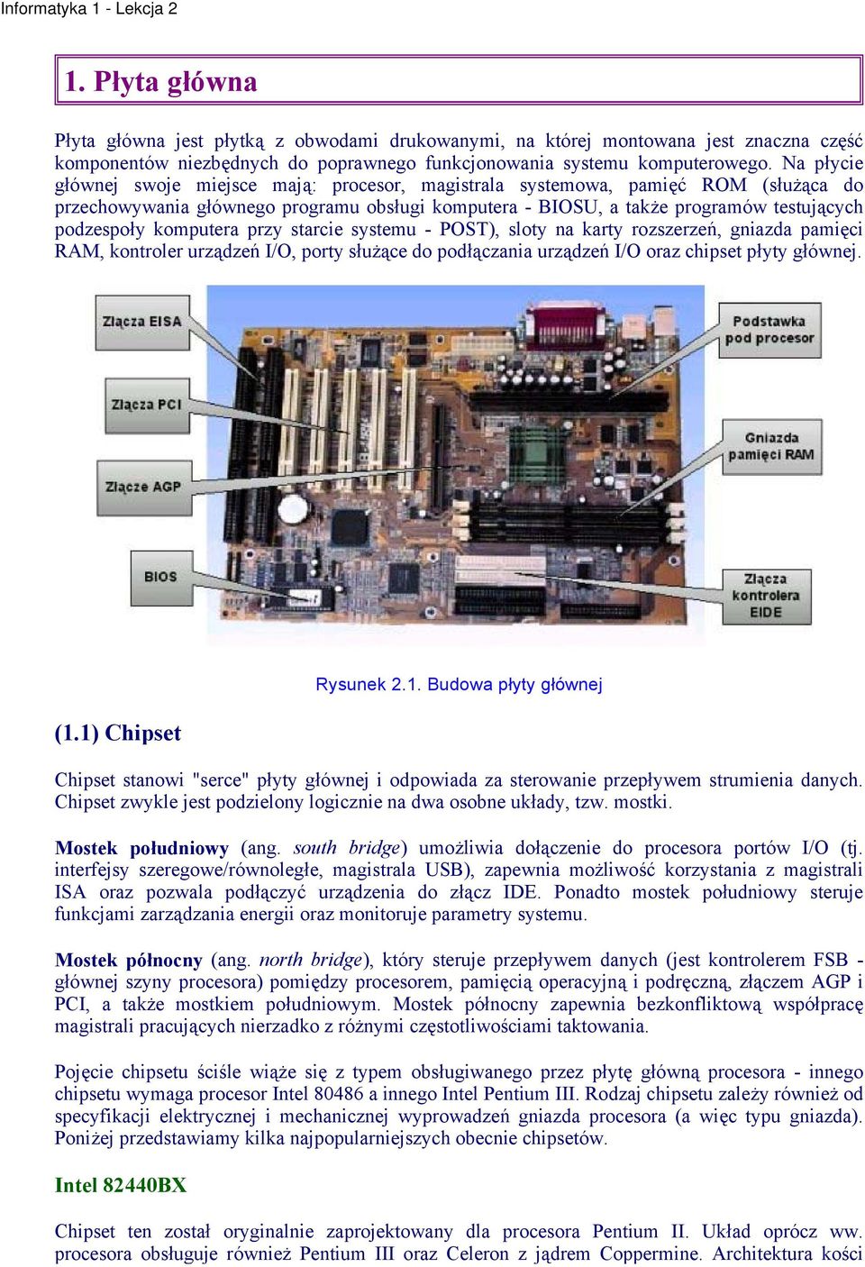 komputera przy starcie systemu - POST), sloty na karty rozszerzeń, gniazda pamięci RAM, kontroler urządzeń I/O, porty służące do podłączania urządzeń I/O oraz chipset płyty głównej. (1.