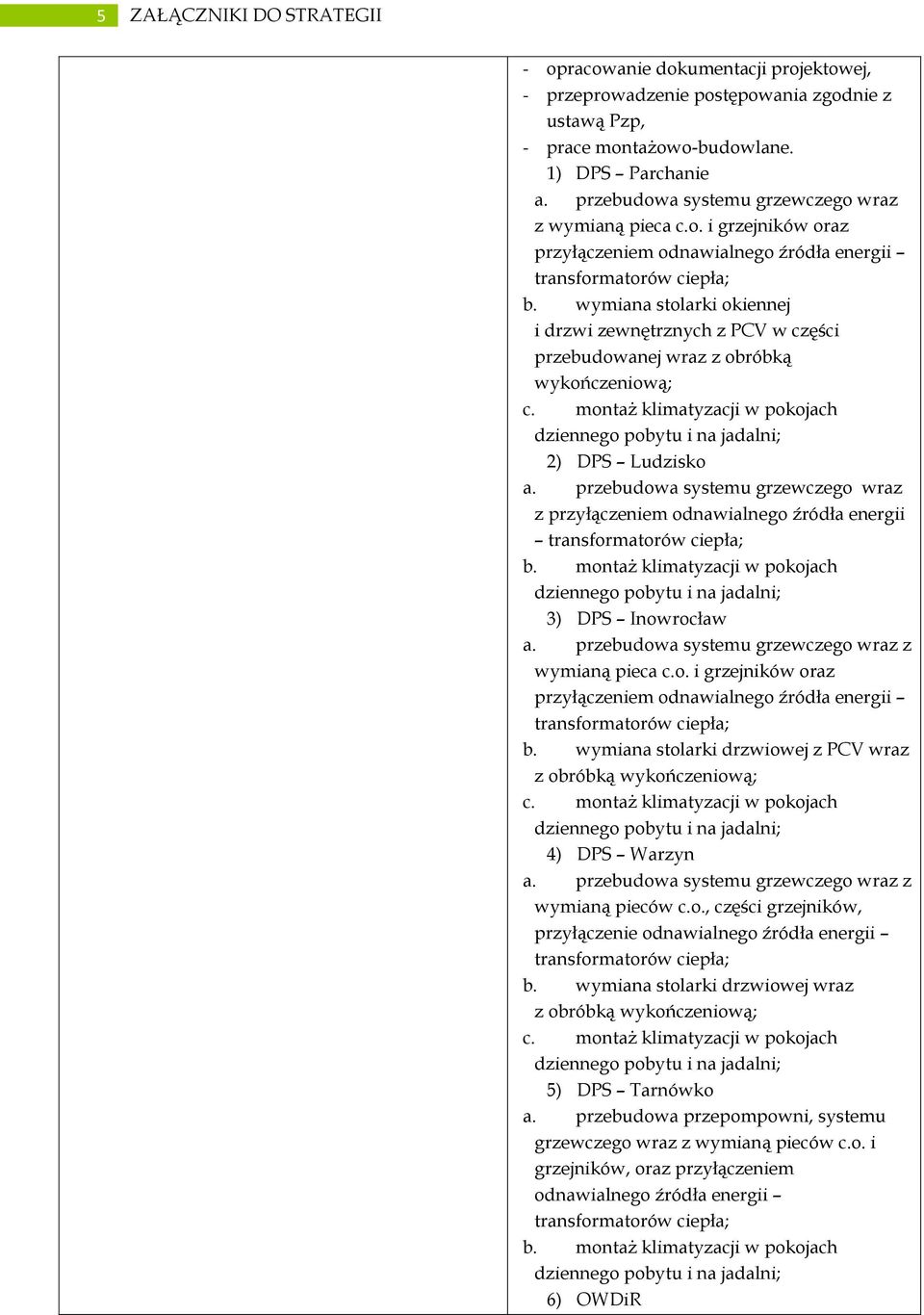 wymiana stolarki okiennej i drzwi zewnętrznych z PCV w części przebudowanej wraz z obróbką wykończeniową; c. montaż klimatyzacji w pokojach dziennego pobytu i na jadalni; 2) DPS Ludzisko a.