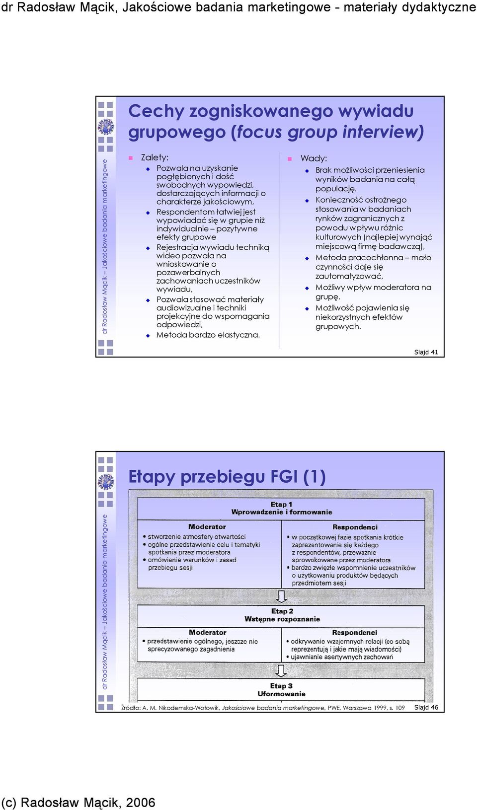 wywiadu, Pozwala stosować materiały audiowizualne i techniki projekcyjne do wspomagania odpowiedzi, Metoda bardzo elastyczna. Wady: Brak moŝliwości przeniesienia wyników badania na całą populację.