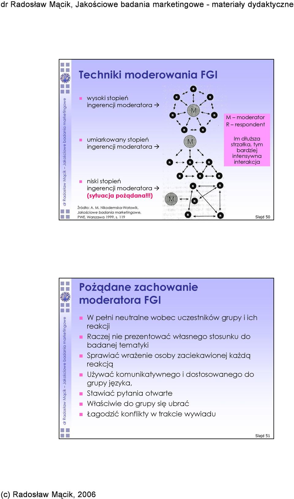 119 M moderator R respondent Im dłuŝsza strzałka, tym bardziej intensywna interakcja Slajd 50 PoŜądane zachowanie moderatora FGI W pełni neutralne wobec uczestników grupy i ich