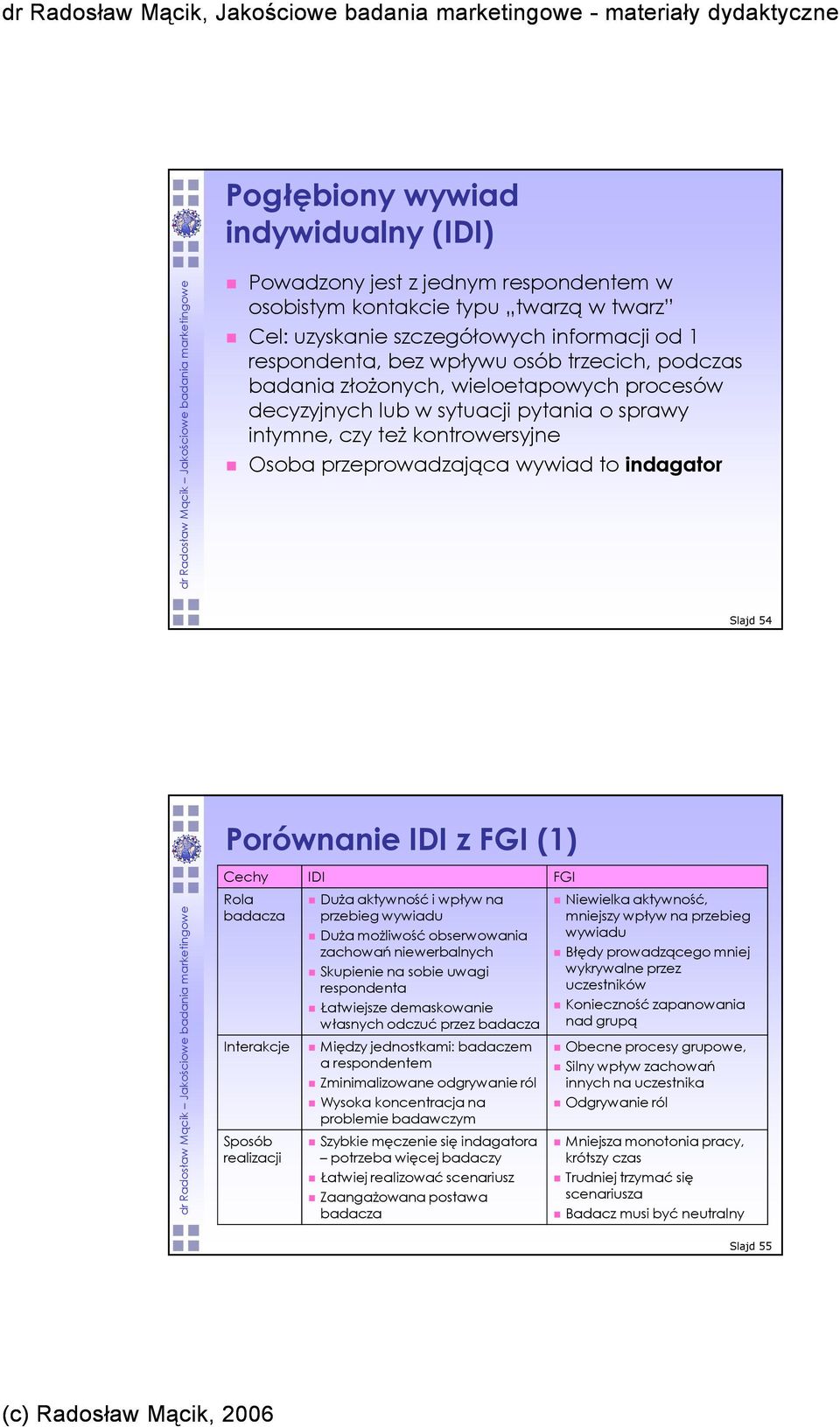 (1) Cechy IDI FGI Rola badacza Interakcje Sposób realizacji DuŜa aktywność i wpływ na przebieg wywiadu DuŜa moŝliwość obserwowania zachowań niewerbalnych Skupienie na sobie uwagi respondenta