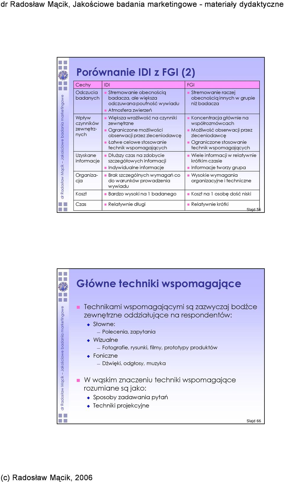 informacji Indywidualne informacje Brak szczególnych wymagań co do warunków prowadzenia wywiadu Stremowanie raczej obecnością innych w grupie niŝ badacza Koncentracja głównie na współrozmówcach