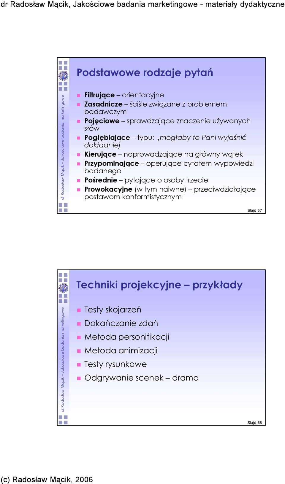 wypowiedzi badanego Pośrednie pytające o osoby trzecie Prowokacyjne (w tym naiwne) przeciwdziałające postawom konformistycznym Slajd 67