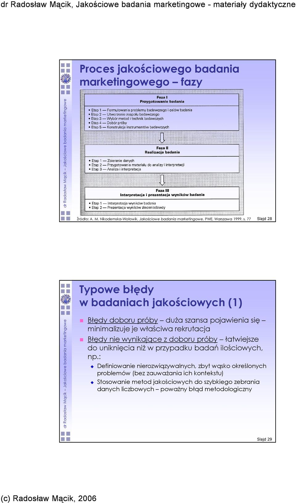 próby łatwiejsze do uniknięcia niŝ w przypadku badań ilościowych, np.