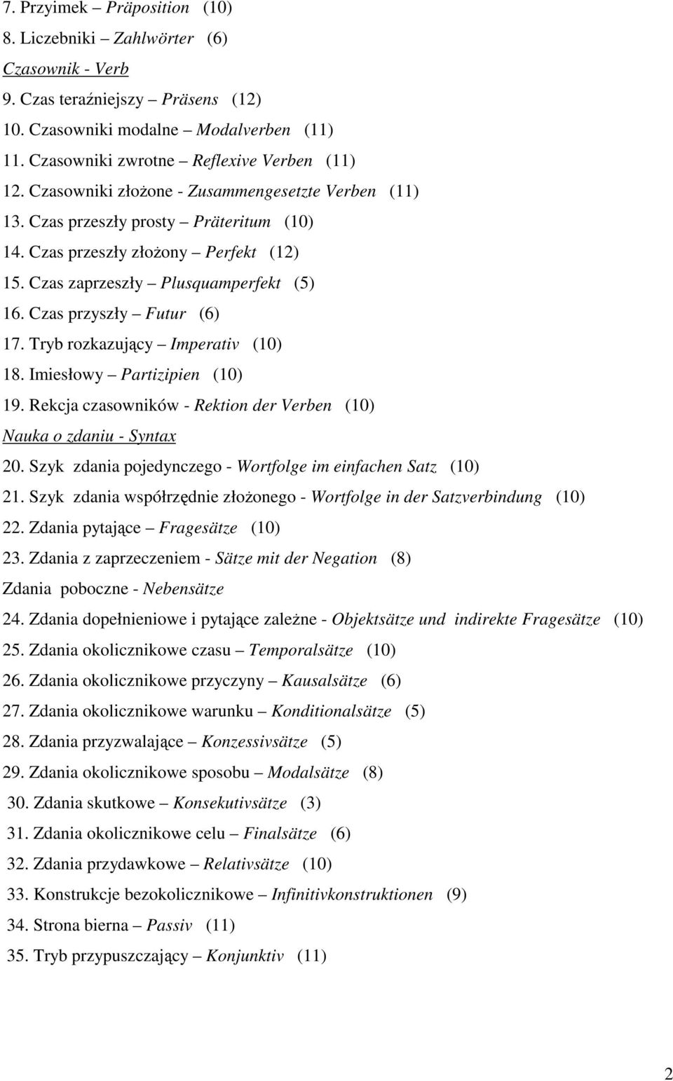 Tryb rozkazujcy Imperativ (10) 18. Imiesłowy Partizipien (10) 19. Rekcja czasowników - Rektion der Verben (10) Nauka o zdaniu - Syntax 20.