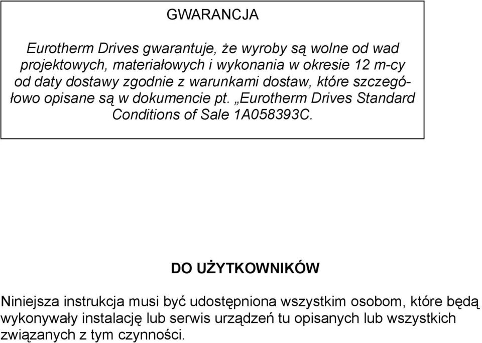 Eurotherm Drives Standard Conditions of Sale 1A058393C.