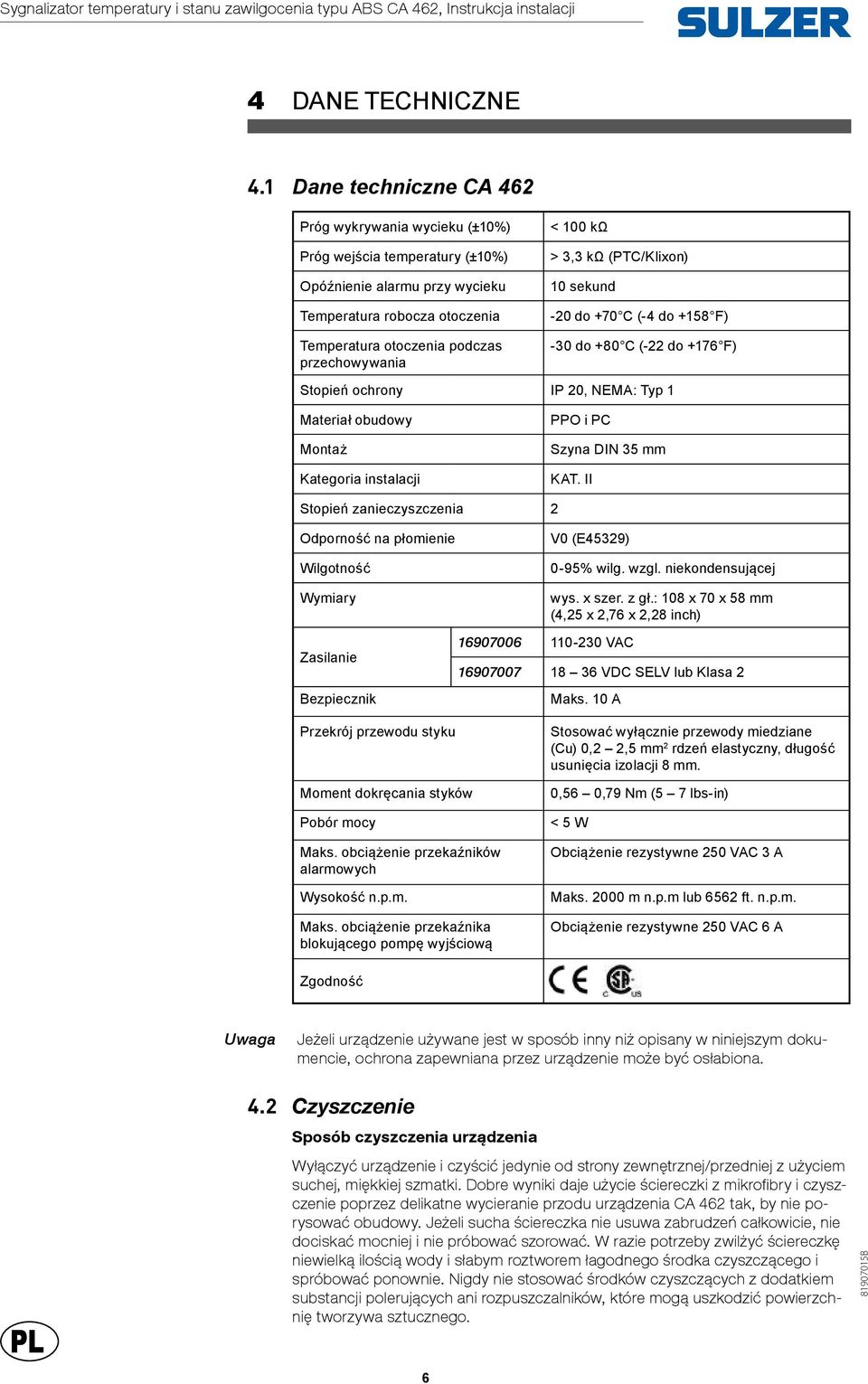 kω > 3,3 kω (PTC/Klixon) 10 sekund -20 do +70 C (-4 do +158 F) -30 do +80 C (-22 do +176 F) Stopień ochrony IP 20, NEMA: Typ 1 Materiał obudowy Montaż Kategoria instalacji PPO i PC Szyna DIN 35 mm