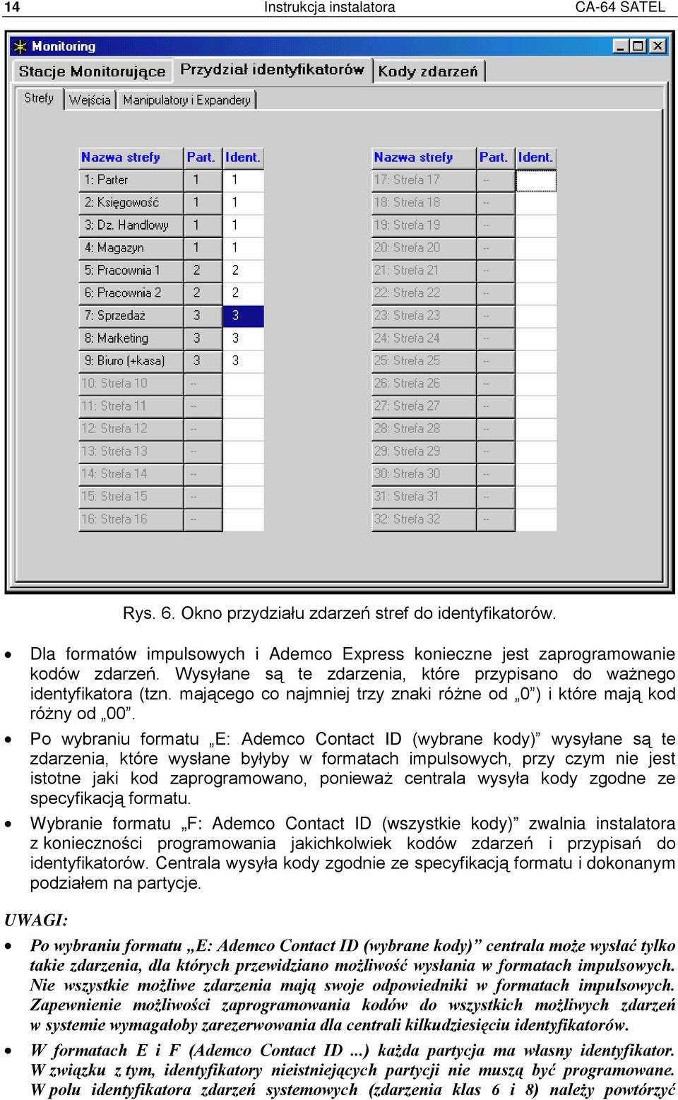 Po wybraniu formatu E: Ademco Contact ID (wybrane kody) wysyłane są te zdarzenia, które wysłane byłyby w formatach impulsowych, przy czym nie jest istotne jaki kod zaprogramowano, ponieważ centrala