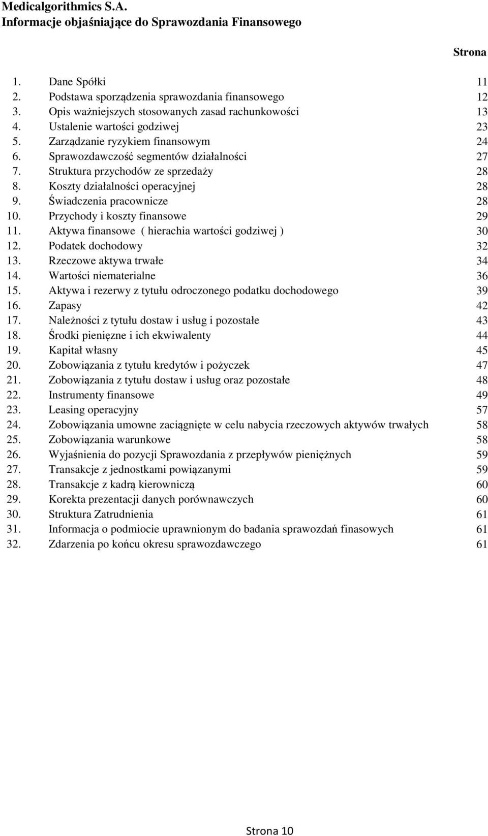 Przychody i koszty finansowe 29 11. Aktywa finansowe ( hierachia wartości godziwej ) 30 12. Podatek dochodowy 32 13. Rzeczowe aktywa trwałe 34 14. Wartości niematerialne 36 15.