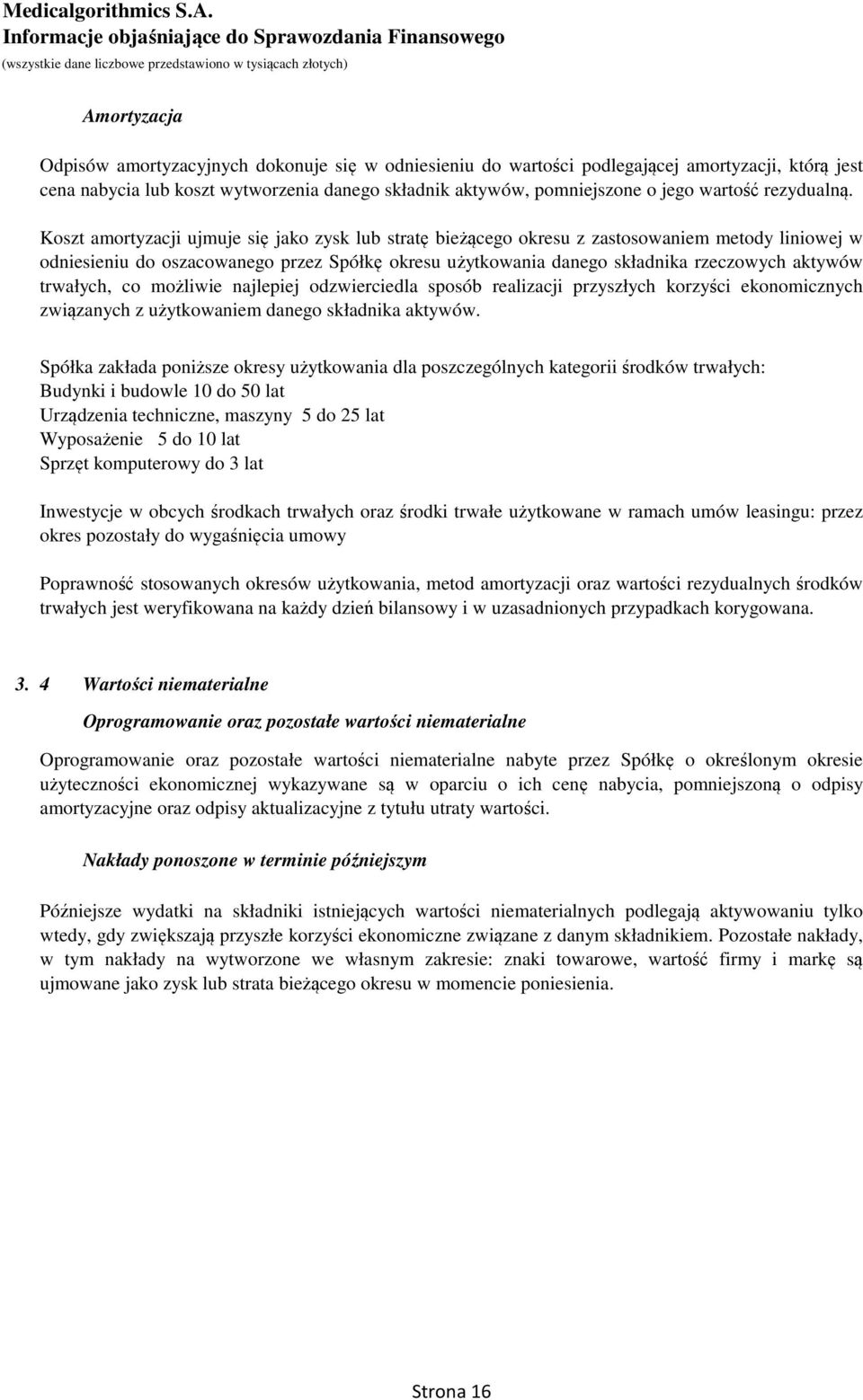 Koszt amortyzacji ujmuje się jako zysk lub stratę bieżącego okresu z zastosowaniem metody liniowej w odniesieniu do oszacowanego przez Spółkę okresu użytkowania danego składnika rzeczowych aktywów