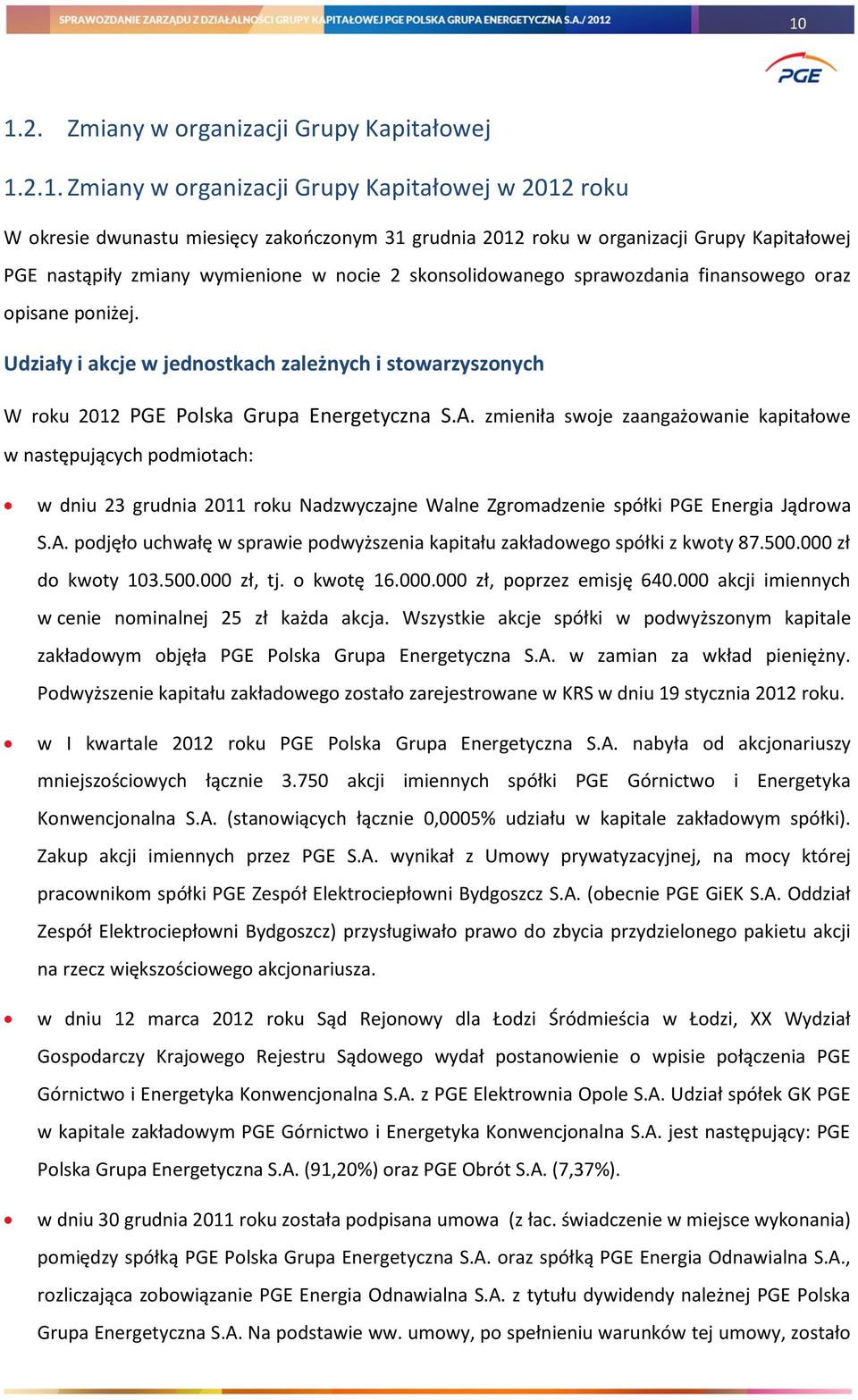 Udziały i akcje w jednostkach zależnych i stowarzyszonych W roku 2012 PGE Polska Grupa Energetyczna S.A.