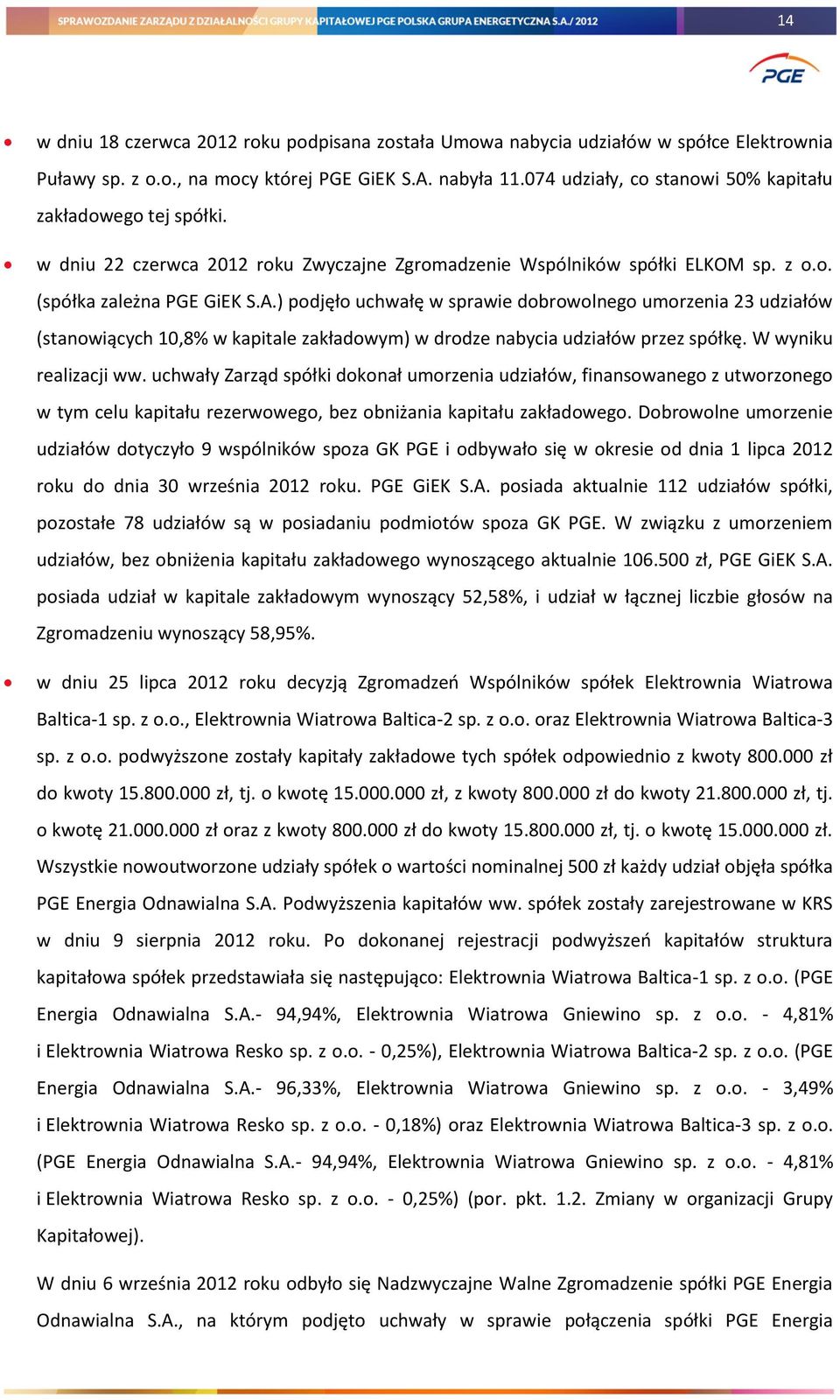 ) podjęło uchwałę w sprawie dobrowolnego umorzenia 23 udziałów (stanowiących 10,8% w kapitale zakładowym) w drodze nabycia udziałów przez spółkę. W wyniku realizacji ww.