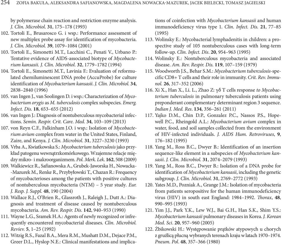 Tortoli E., Simonetti M.T., Lacchini C., Penati V., Urbano P.: Tentative evidence of AIDS-associated biotype of Mycobacterium kansasii. J. Clin. Microbiol. 32, 1779 1782 (1994) 104. Tortoli E.