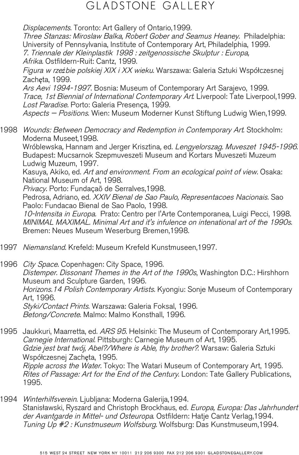 Ostfildern-Ruit: Cantz, 1999. Figura w rzeźbie polskiej XIX i XX wieku. Warszawa: Galeria Sztuki Współczesnej Zachęta, 1999. Ars Aevi 1994-1997. Bosnia: Museum of Contemporary Art Sarajevo, 1999.