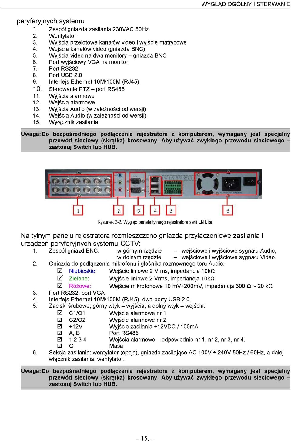 0 Interfejs Ethernet 10M/100M (RJ45) Sterowanie PTZ port RS485 Wyjścia alarmowe Wejścia alarmowe Wyjścia Audio (w zależności od wersji) Wejścia Audio (w zależności od wersji) Wyłącznik zasilania
