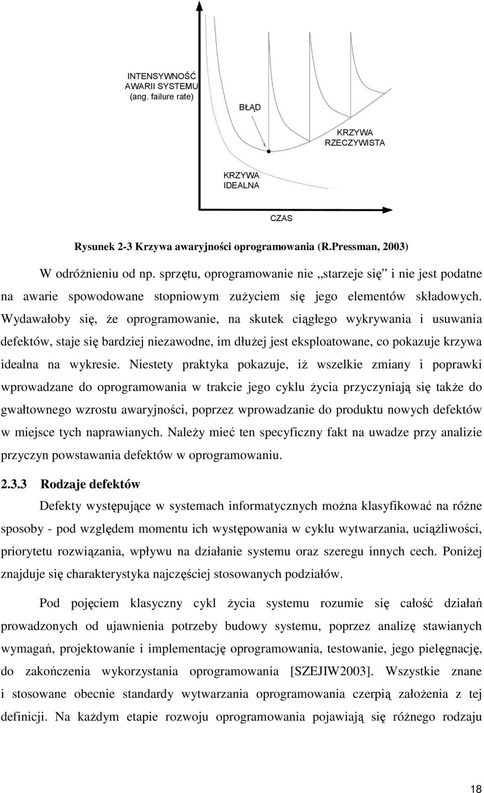 Wydawałoby się, Ŝe oprogramowanie, na skutek ciągłego wykrywania i usuwania defektów, staje się bardziej niezawodne, im dłuŝej jest eksploatowane, co pokazuje krzywa idealna na wykresie.