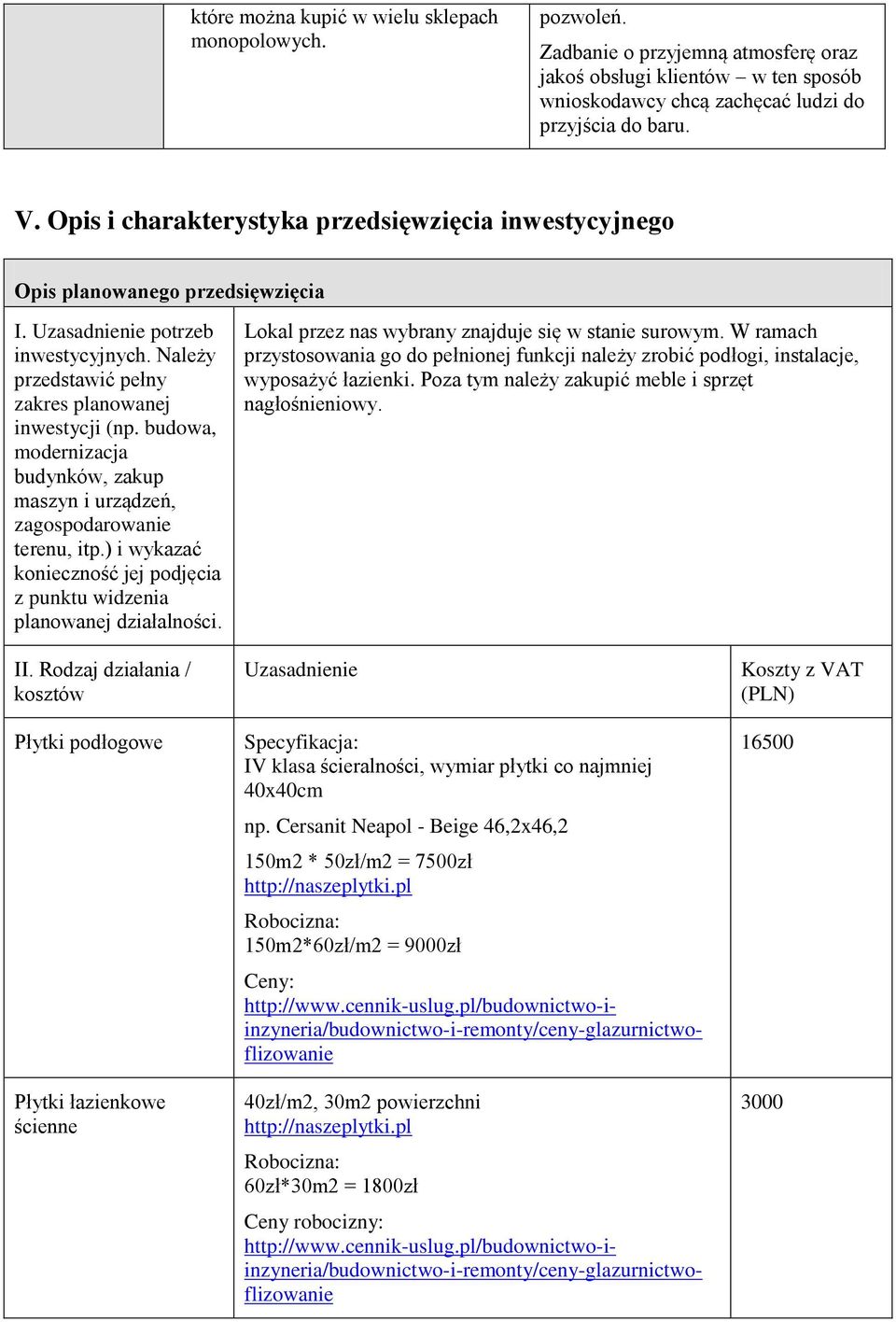 budowa, modernizacja budynków, zakup maszyn i urządzeń, zagospodarowanie terenu, itp.) i wykazać konieczność jej podjęcia z punktu widzenia planowanej działalności.