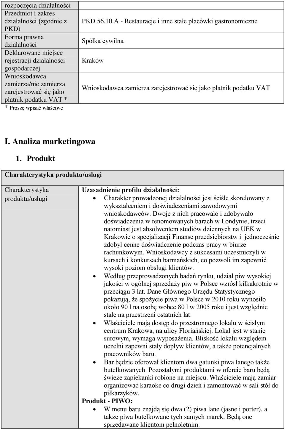 A - Restauracje i inne stałe placówki gastronomiczne Spółka cywilna Kraków Wnioskodawca zamierza zarejestrować się jako płatnik podatku VAT I. Analiza marketingowa 1.