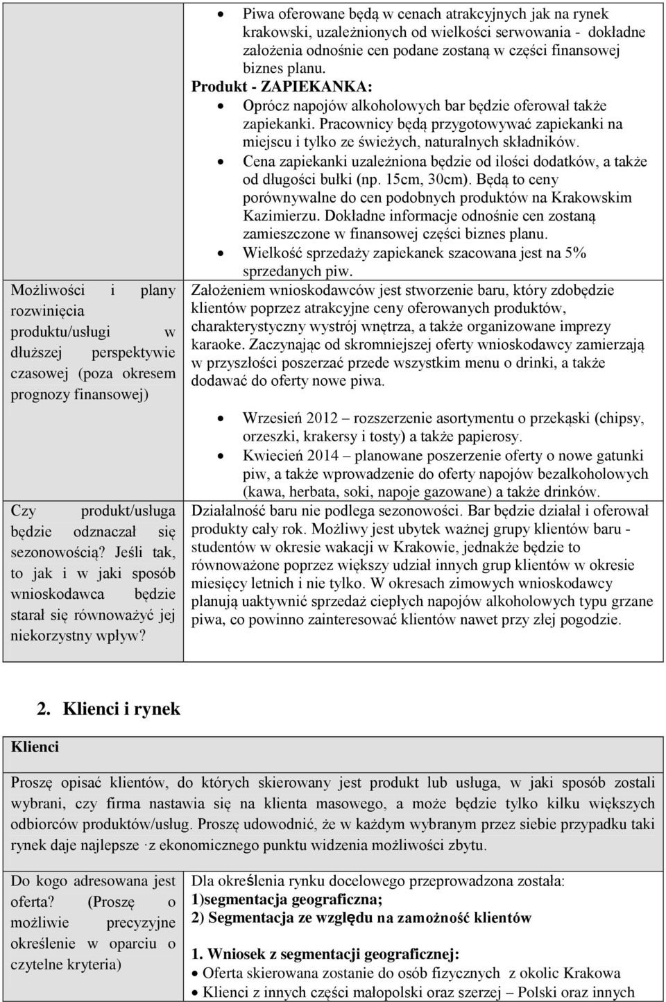 Piwa oferowane będą w cenach atrakcyjnych jak na rynek krakowski, uzależnionych od wielkości serwowania - dokładne założenia odnośnie cen podane zostaną w części finansowej biznes planu.