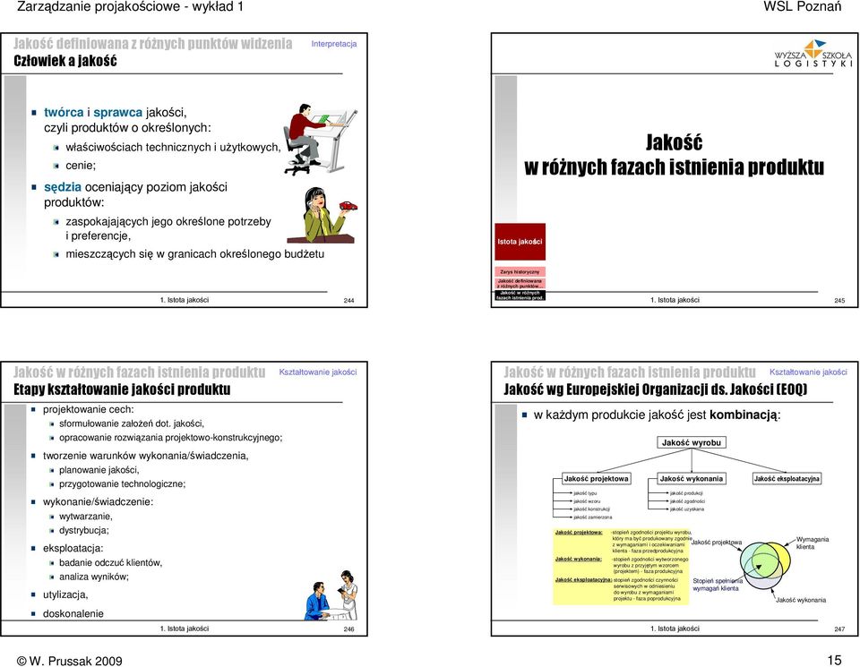 róŝnych punktów 244 w róŝnych fazach istnienia prod. 245 w róŝnych fazach istnienia produktu Etapy kształtowanie jakości produktu projektowanie cech: sformułowanie załoŝeń dot.