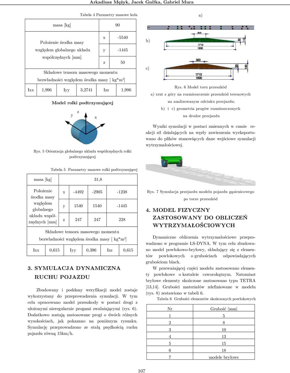 6 Model toru przeszkód a) rzut z góry na rozmieszczenie przeszkód terenowych na analizowanym odcinku przejazdu; b) i c) geometria progów rozmieszczonych na drodze przejazdu Wyniki symulacji w postaci