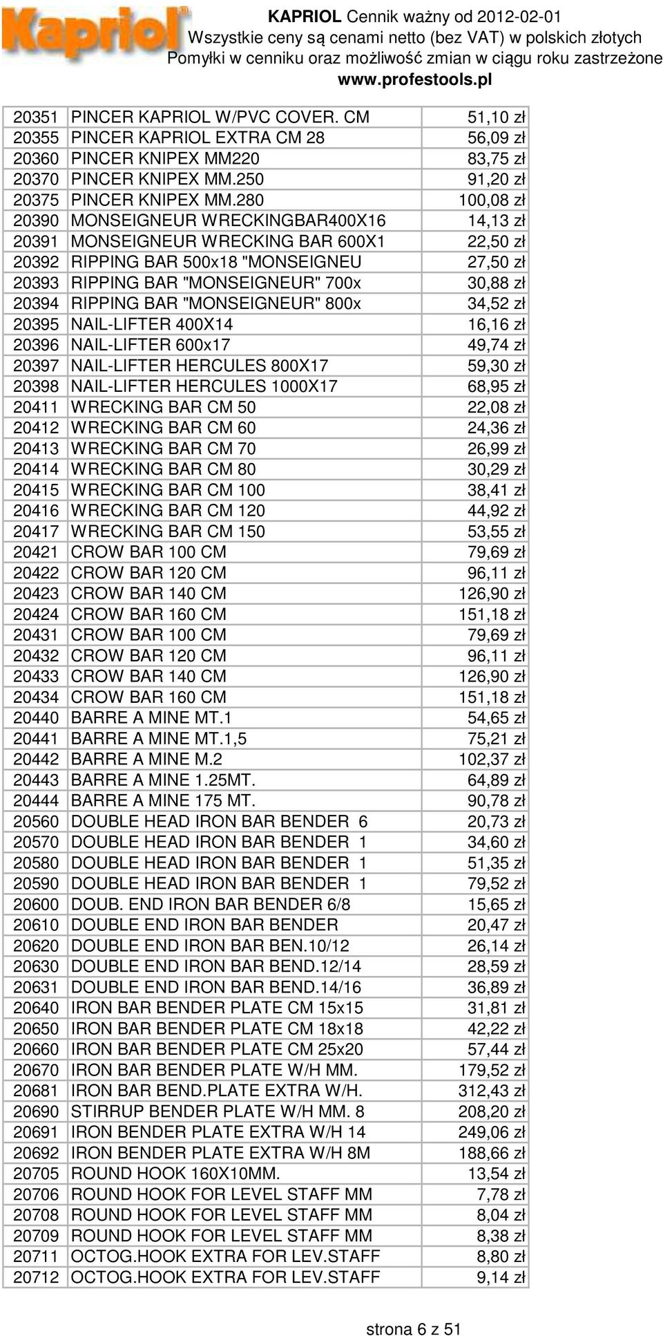 20394 RIPPING BAR "MONSEIGNEUR" 800x 34,52 zł 20395 NAIL-LIFTER 400X14 16,16 zł 20396 NAIL-LIFTER 600x17 49,74 zł 20397 NAIL-LIFTER HERCULES 800X17 59,30 zł 20398 NAIL-LIFTER HERCULES 1000X17 68,95