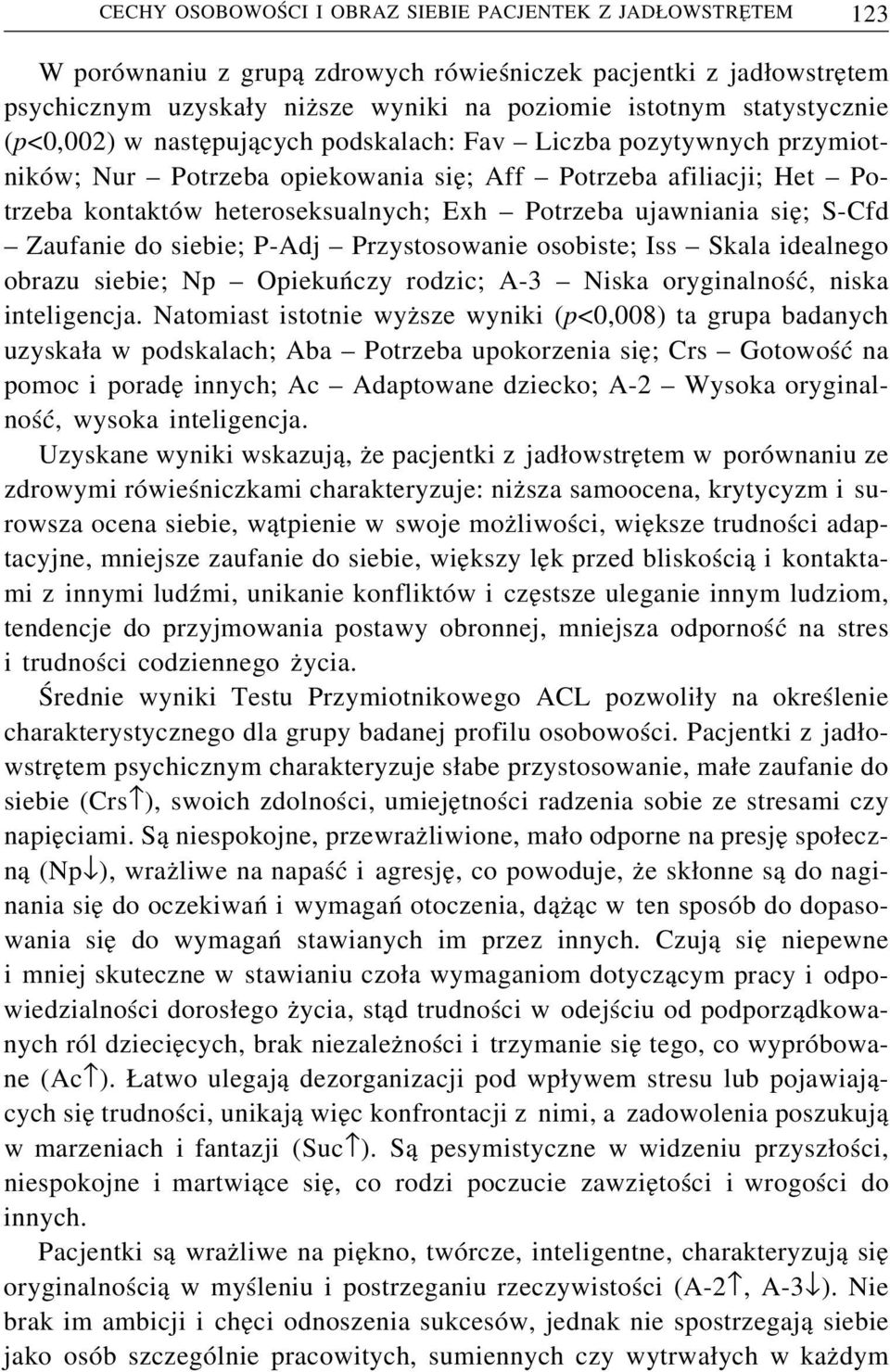 ujawniania się; S-Cfd Zaufanie do siebie; P-Adj Przystosowanie osobiste; Iss Skala idealnego obrazu siebie; Np Opiekuńczy rodzic; A-3 Niska oryginalność, niska inteligencja.