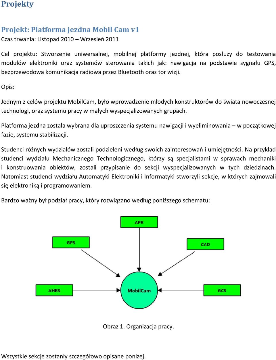 Opis: Jednym z celów projektu MobilCam, było wprowadzenie młodych konstruktorów do świata nowoczesnej technologi, oraz systemu pracy w małych wyspecjalizowanych grupach.