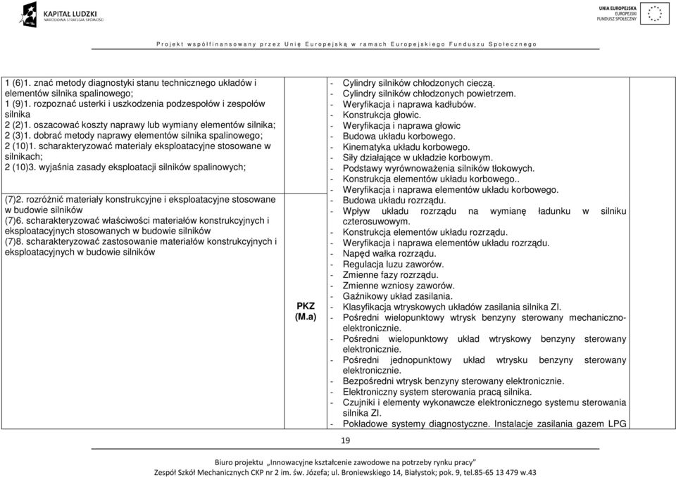 wyjaśnia zasady eksploatacji silników spalinowych; (7)2. rozróżnić materiały konstrukcyjne i eksploatacyjne stosowane w budowie silników (7)6.