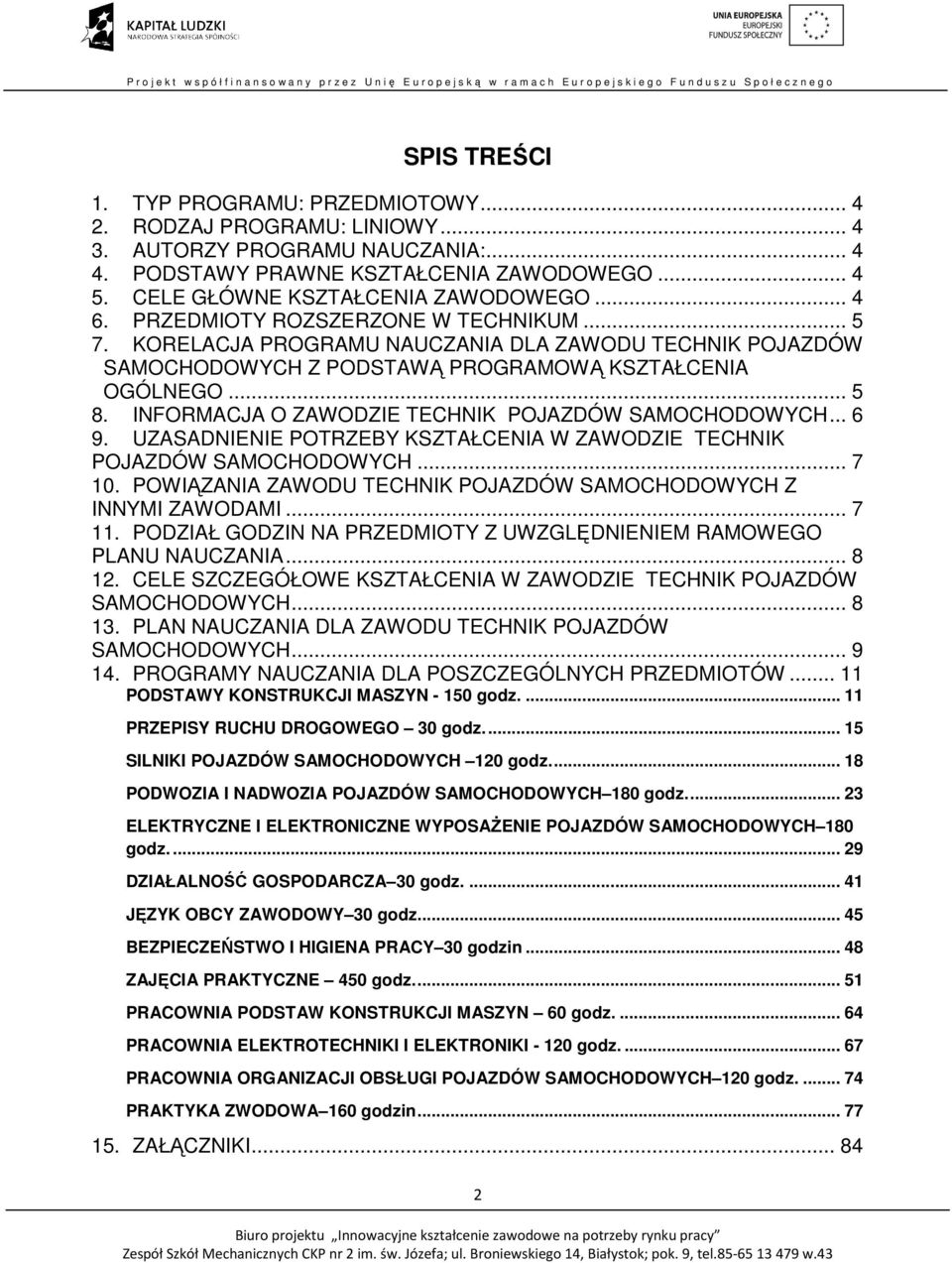 .. 5 8. INFORMACJA O ZAWODZIE TECHNIK POJAZDÓW SAMOCHODOWYCH... 6 9. UZASADNIENIE POTRZEBY KSZTAŁCENIA W ZAWODZIE TECHNIK POJAZDÓW SAMOCHODOWYCH... 7 10.