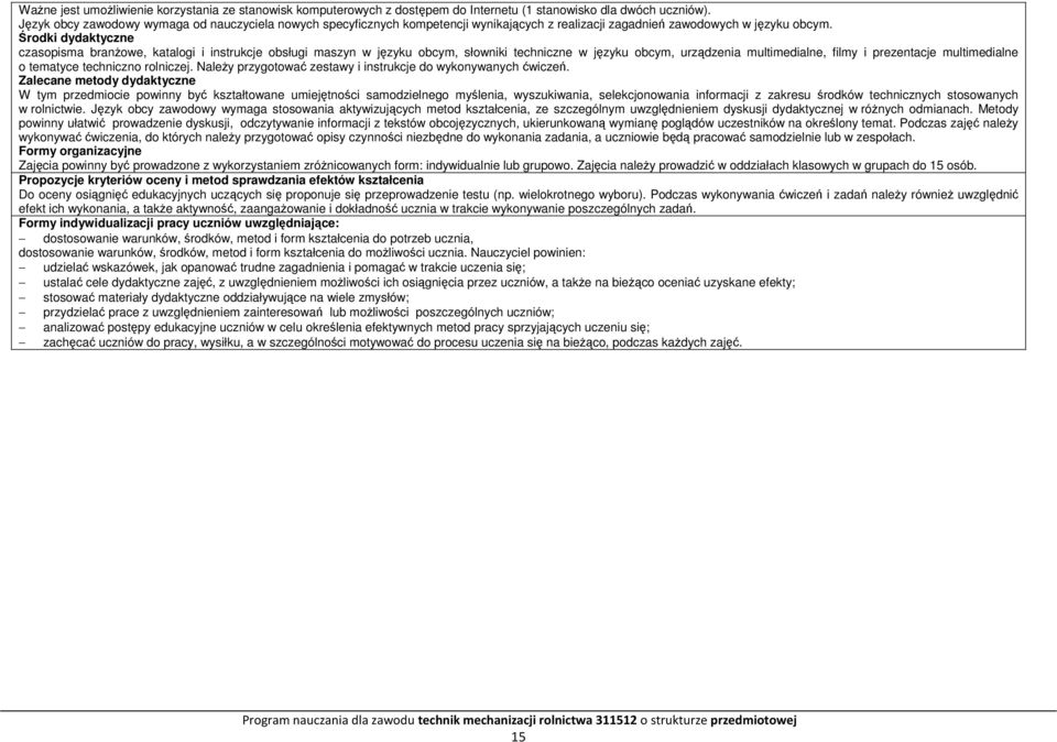 Środki dydaktyczne czasopisma branżowe, katalogi i instrukcje obsługi maszyn w języku obcym, słowniki techniczne w języku obcym, urządzenia multimedialne, filmy i prezentacje multimedialne o tematyce