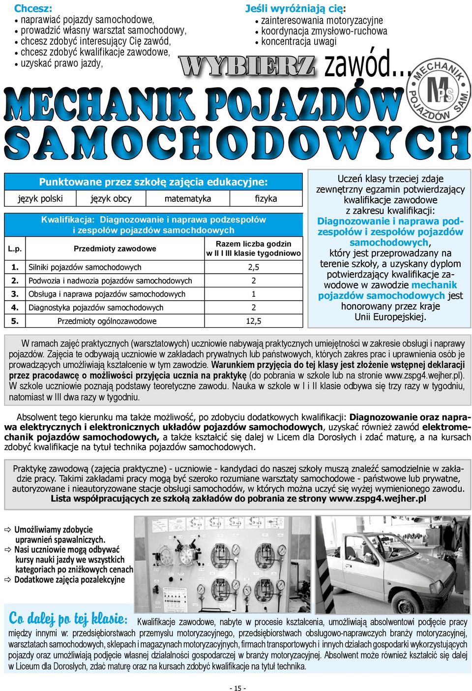 .. SAMOCHODOWYCH Punktowane przez szkołę zajęcia edukacyjne: język polski język obcy matematyka fizyka Kwalifikacja: Diagnozowanie i naprawa podzespołów i zespołów pojazdów samochdoowych Razem liczba