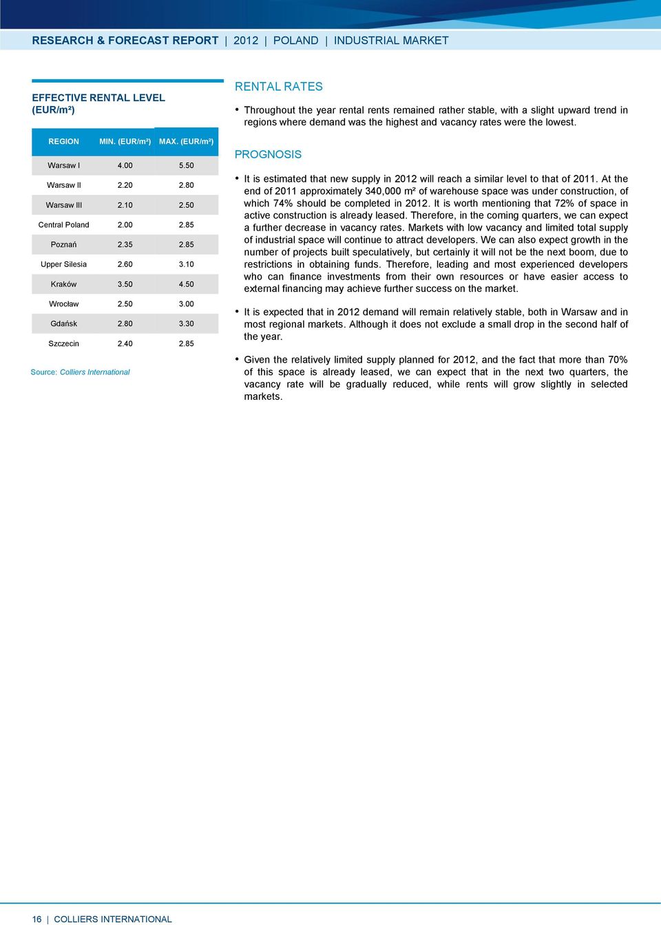 85 RENTAL RATES Throughout the year rental rents remained rather stable, with a slight upward trend in regions where demand was the highest and vacancy rates were the lowest.