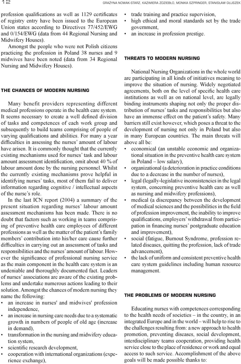 Amongst the people who were not Polish citizens practicing the profession in Poland 38 nurses and 9 midwives have been noted (data from 34 Regional Nursing and Midwifery Houses).