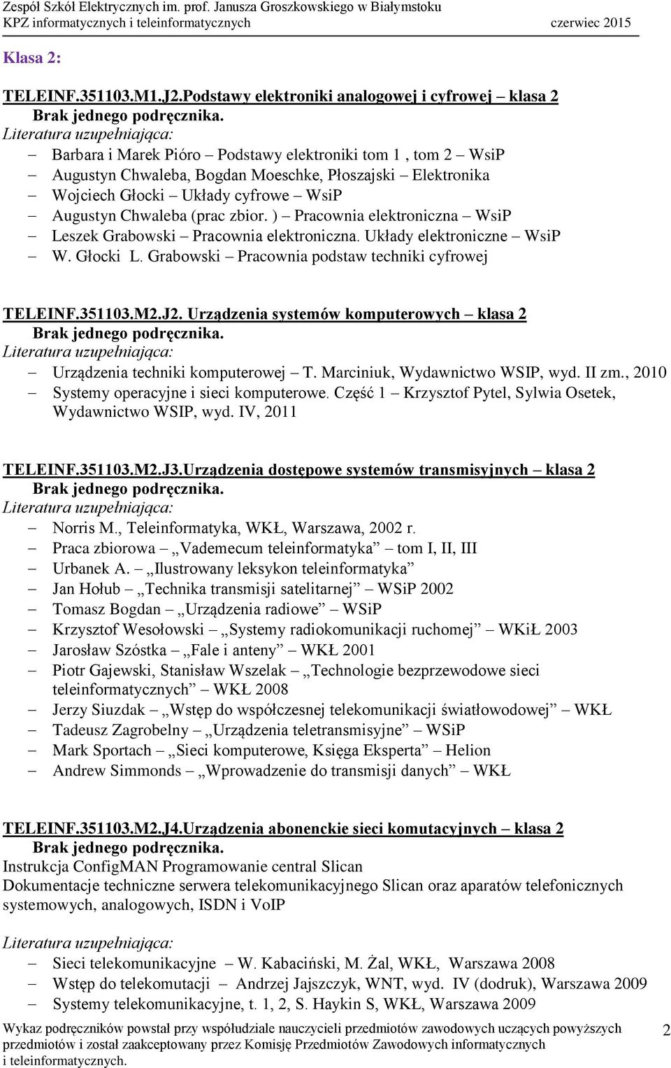 cyfrowe WsiP Augustyn Chwaleba (prac zbior. ) Pracownia elektroniczna WsiP Leszek Grabowski Pracownia elektroniczna. Układy elektroniczne WsiP W. Głocki L.