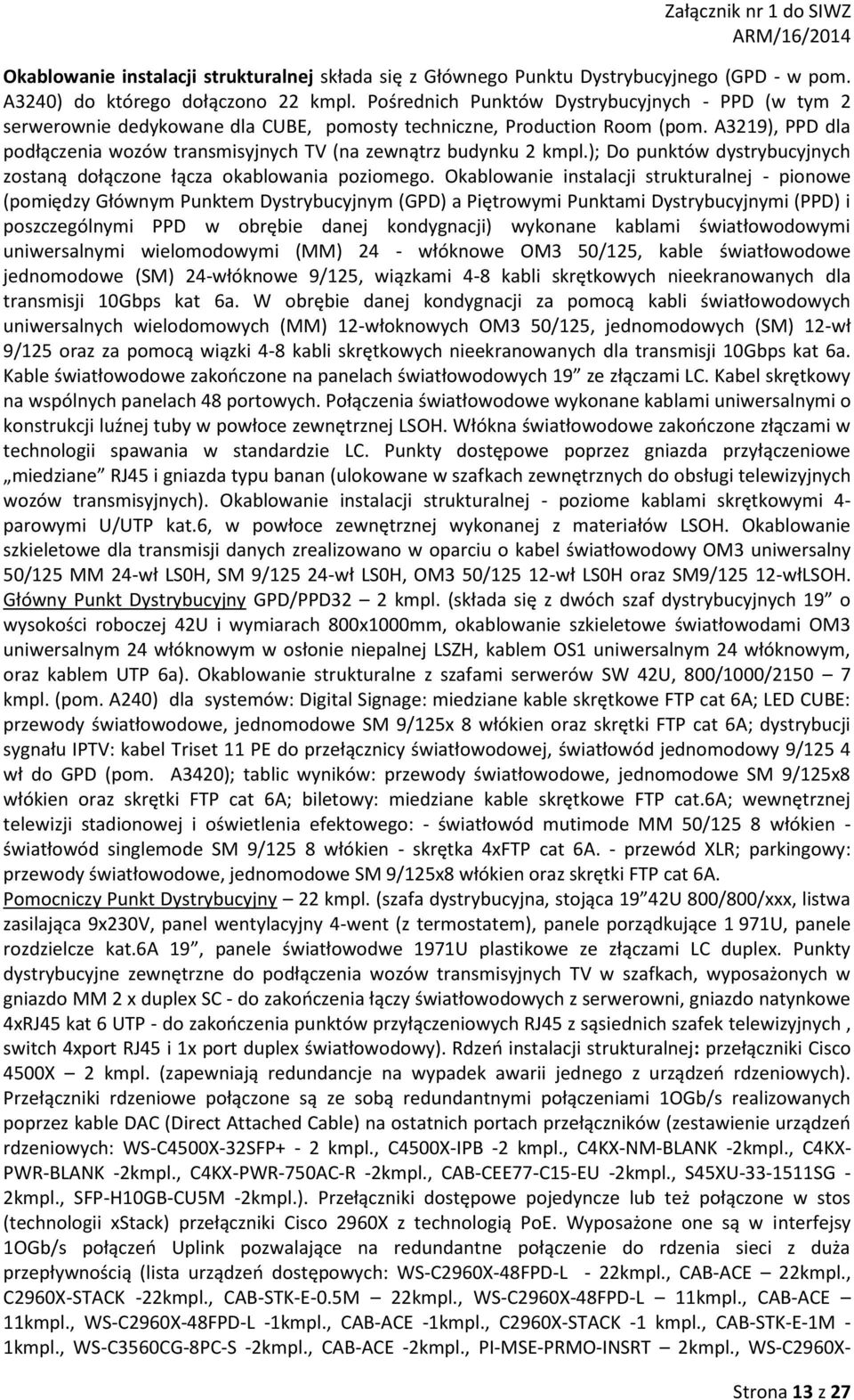 A3219), PPD dla podłączenia wozów transmisyjnych TV (na zewnątrz budynku 2 kmpl.); Do punktów dystrybucyjnych zostaną dołączone łącza okablowania poziomego.