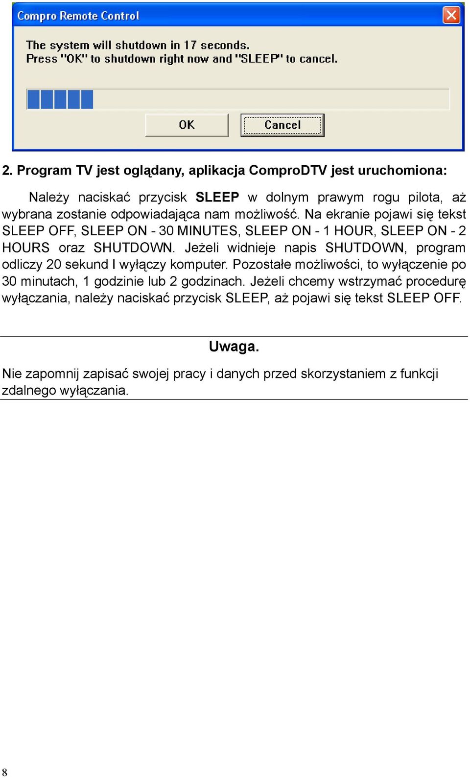 Jeżeli widnieje napis SHUTDOWN, program odliczy 20 sekund I wyłączy komputer. Pozostałe możliwości, to wyłączenie po 30 minutach, 1 godzinie lub 2 godzinach.