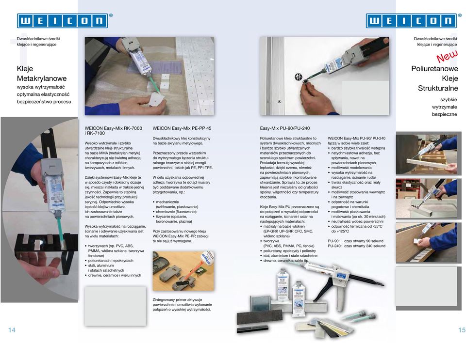 świetną adhezją na kompozytach z włókien, tworzywach, metalach i innych. Dzięki systemowi Easy-Mix kleje te w sposób czysty i dokładny dozuje się, miesza i nakłada w trakcie jednej czynności.