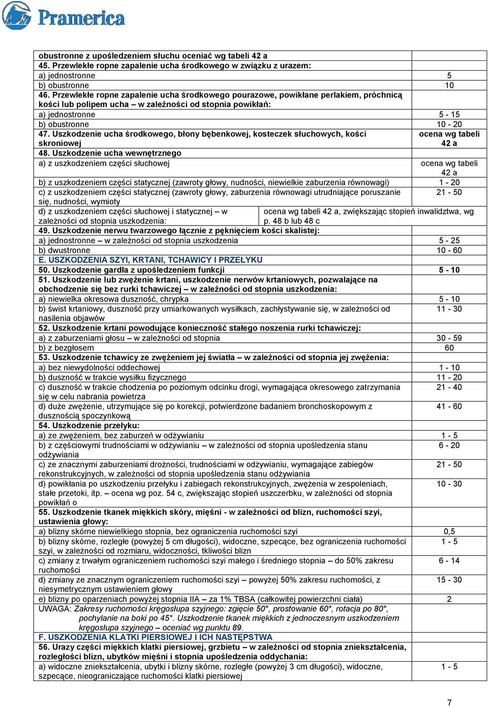 Uszkodzenie ucha środkowego, błony bębenkowej, kosteczek słuchowych, kości ocena wg tabeli skroniowej 42 a 48.