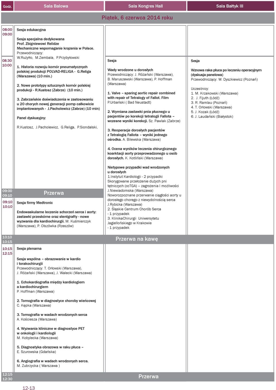Religa (Warszawa) (10 min.) 2. Nowe prototypy sztucznych komór polskiej produkcji - R.Kustosz (Zabrze) (10 min.) 3.