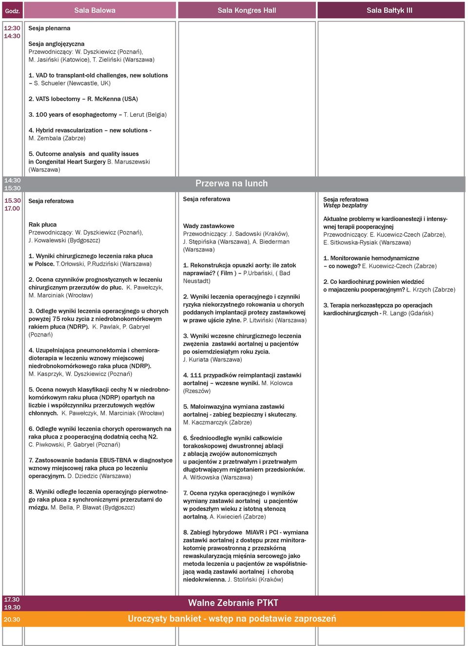 Hybrid revascularization new solutions - M. Zembala (Zabrze) 5. Outcome analysis and quality issues in Congenital Heart Surgery B. Maruszewski (Warszawa) 14:30 15:30 Przerwa na lunch 15.30 17.