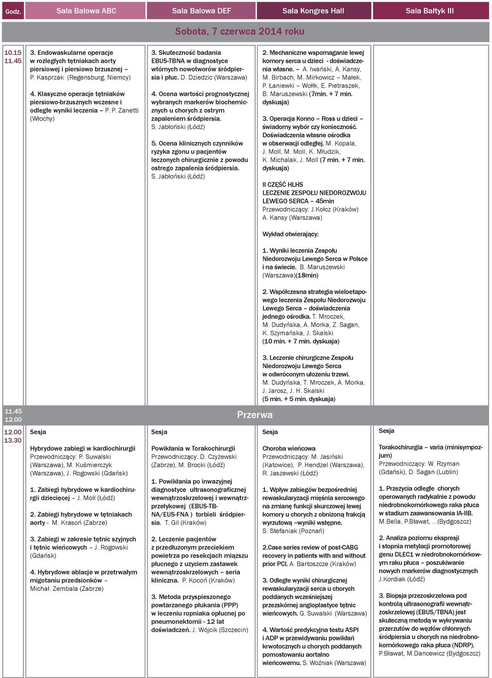 Klasyczne operacje tętniaków piersiowo-brzusznych wczesne i odległe wyniki leczenia P. P. Zanetti (Włochy) 3. Skuteczność badania EBUS-TBNA w diagnostyce wtórnych nowotworów śródpiersia i płuc. D.