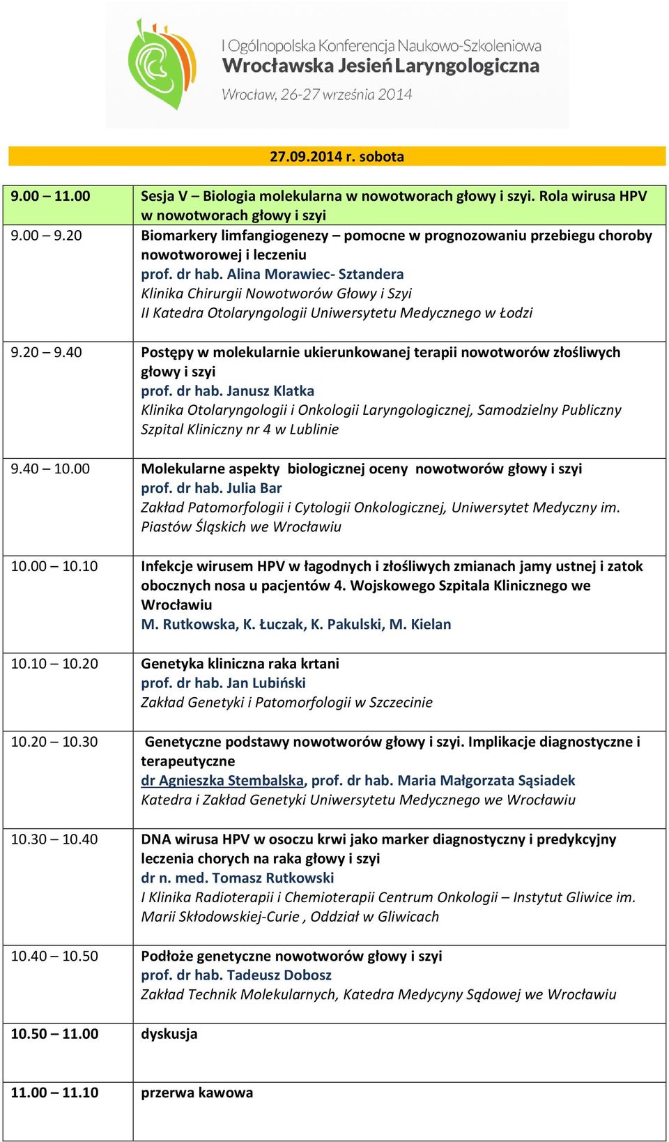 Alina Morawiec- Sztandera Klinika Chirurgii Nowotworów Głowy i Szyi II Katedra Otolaryngologii Uniwersytetu Medycznego w Łodzi 9.20 9.