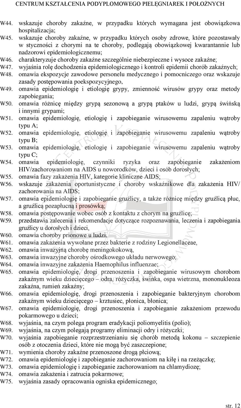 charakteryzuje choroby zakaźne szczególnie niebezpieczne i wysoce zakaźne; W47. wyjaśnia rolę dochodzenia epidemiologicznego i kontroli epidemii chorób zakaźnych; W48.